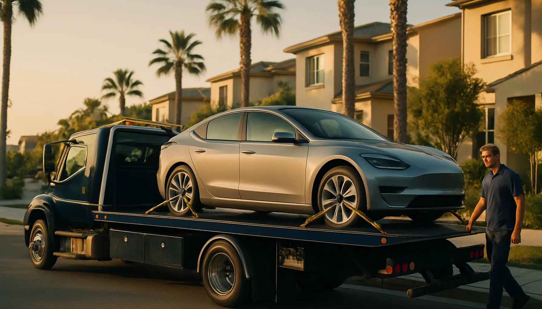 Modern electric sedan carefully secured on a navy flatbed tow truck in a San Diego neighborhood at golden hour