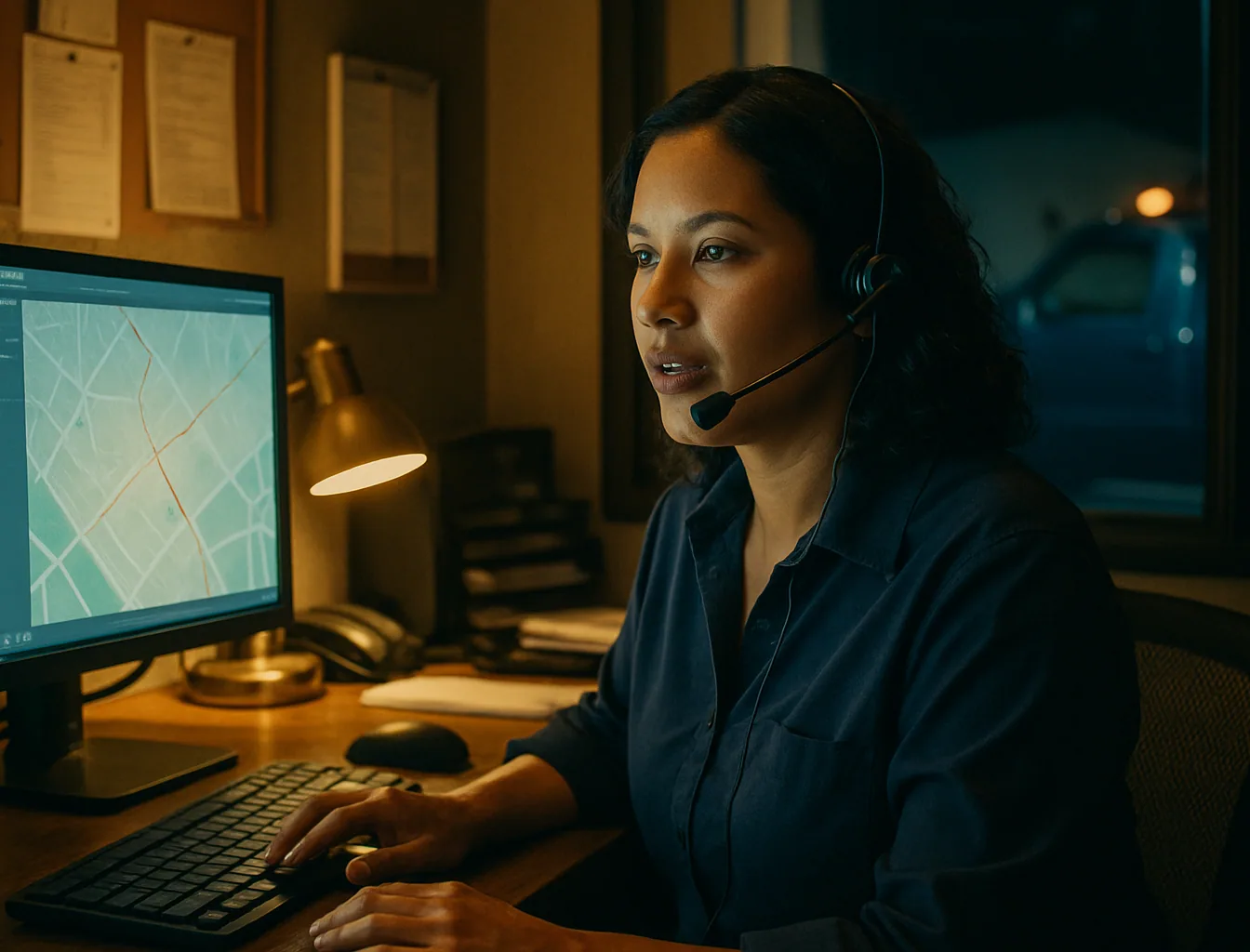 RJ Towing dispatcher at a workstation at night, headset on, answering a call