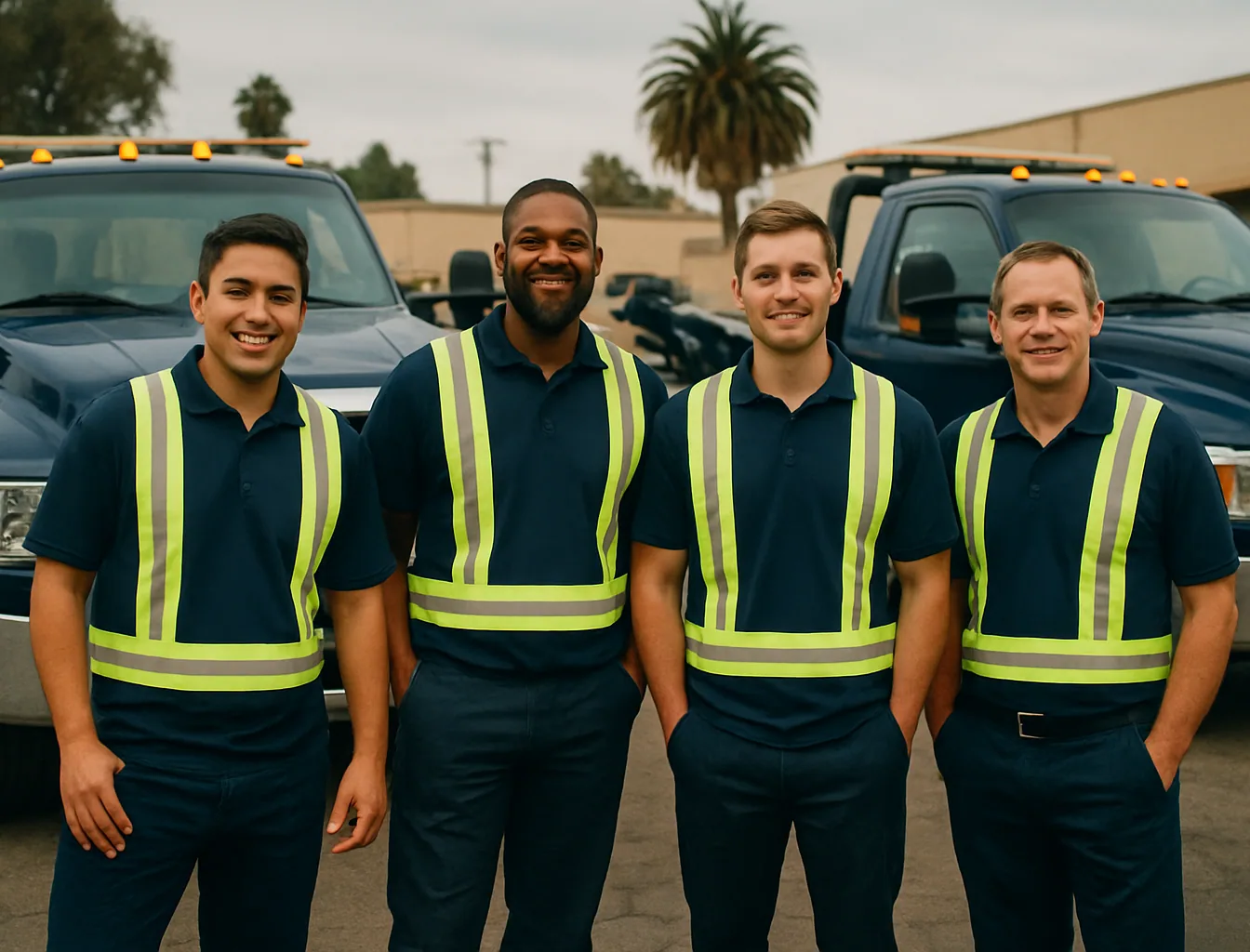 RJ Towing driver team standing together in front of navy tow trucks at the San Diego yard