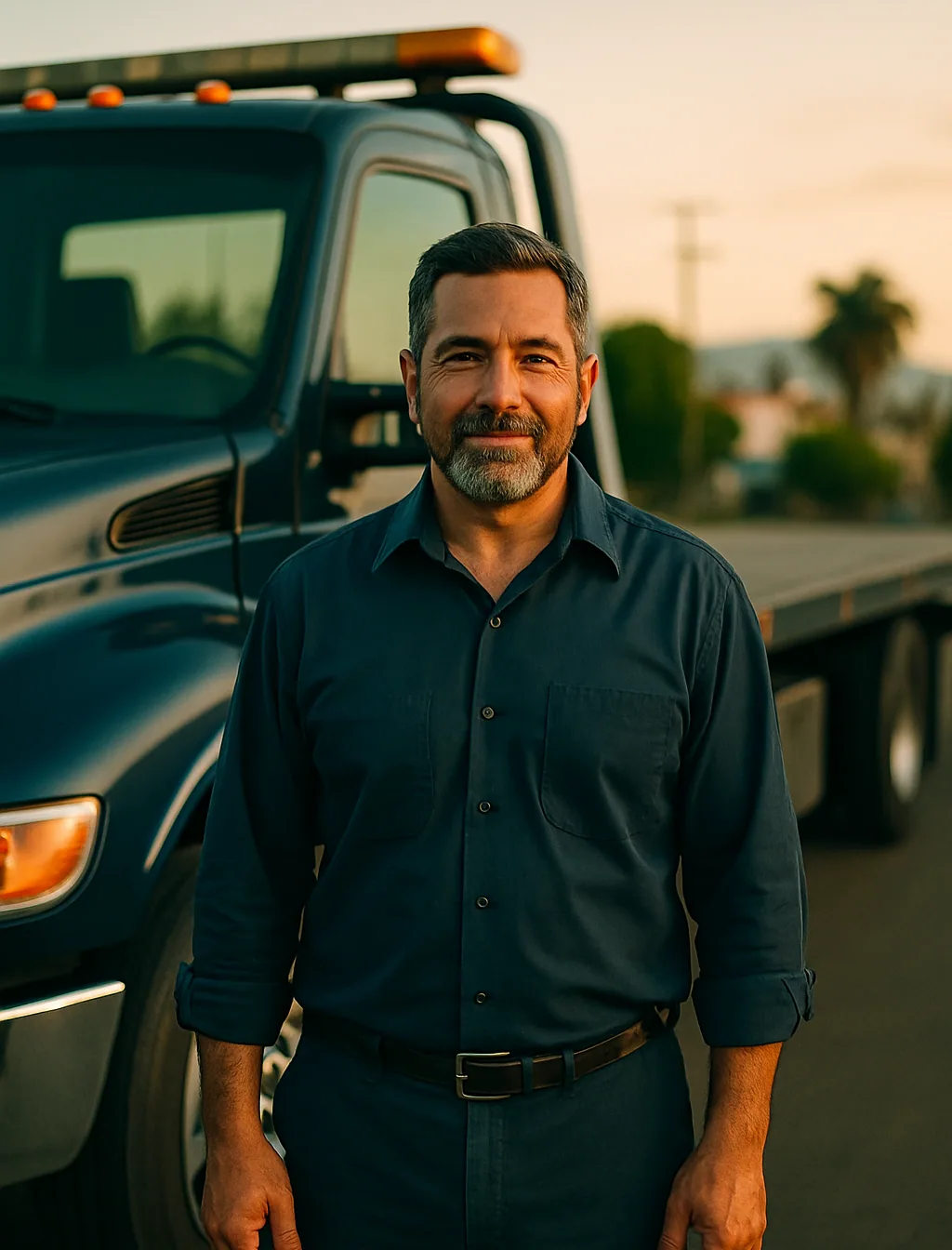Robert, the Latino founder of RJ Towing, standing in front of his navy flatbed tow truck at golden hour